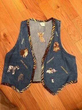 Embroidered Dog Patch Denim Vest in Blue with Tiger Trim dog lover